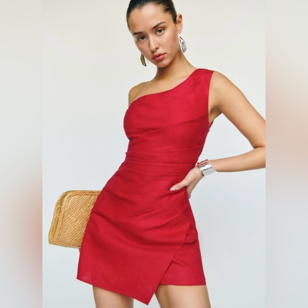 Reformation Ciro Linen Red Shoulder Mini Dress Party Cocktail Evening Valentines